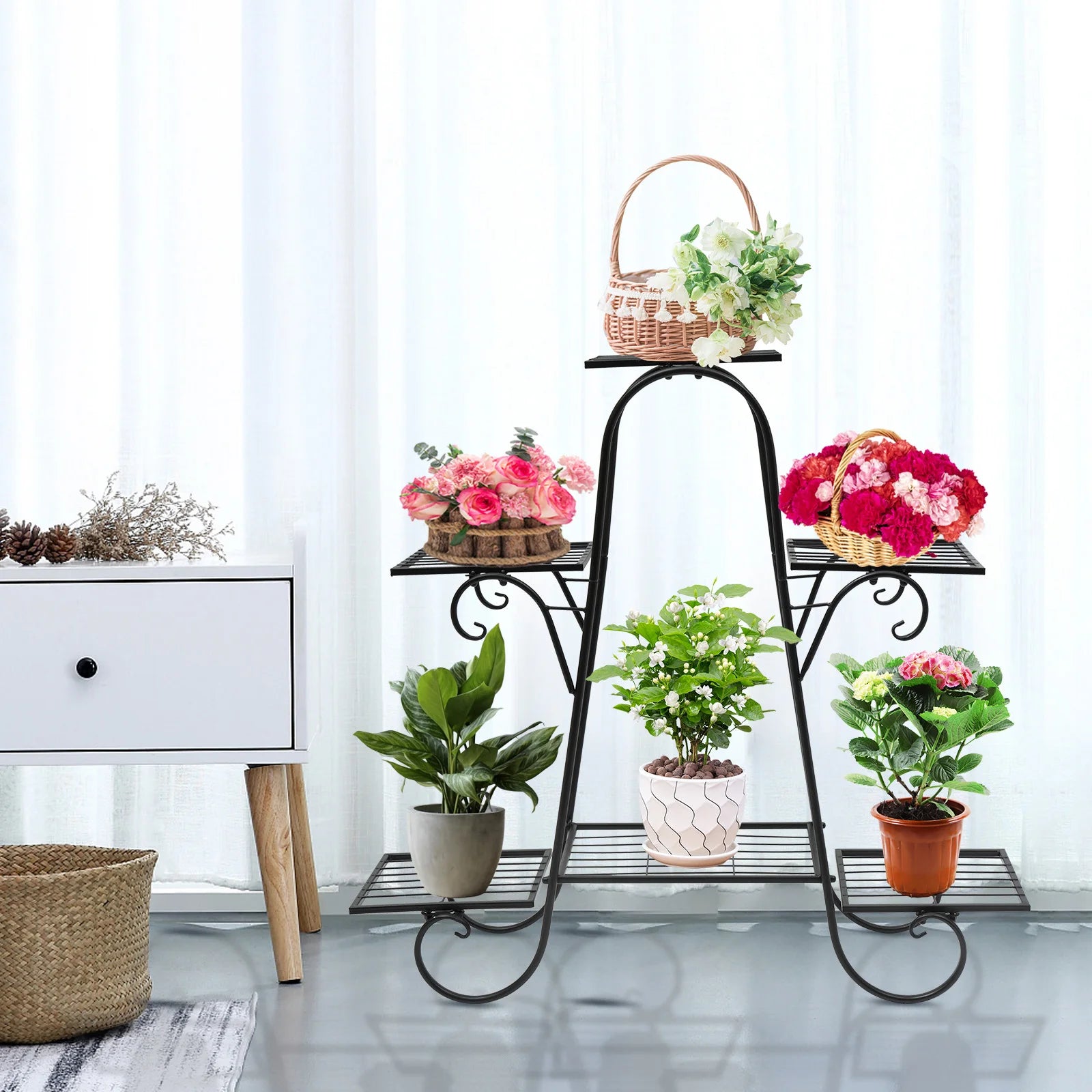 Modern Nordic Style Iron Square Plant Stand, 6-Tier Black Baking Lacquer Shelf, Holder for Plants Decor, Max Load 10kg per Tier