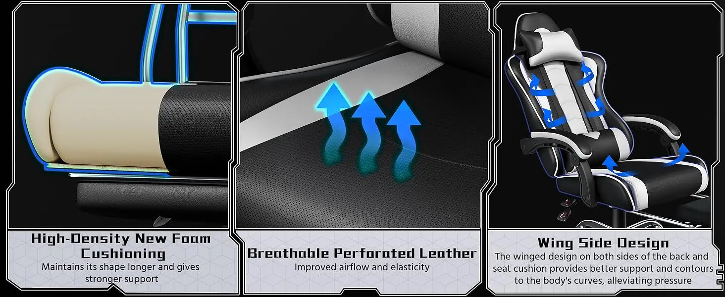 Gaming Chair w/ Massage Lumbar Support & Footrest