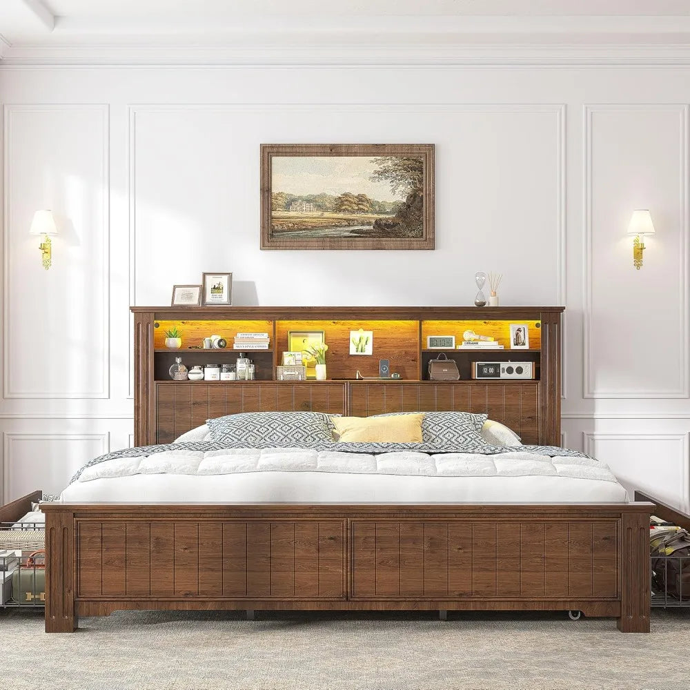 EnHomee King Size Bed Frame and Headboard, King Bed Frame with 4 Drawers USB & LED, Farmhouse Bed Built in Charging Station,No B