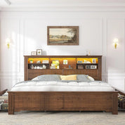 EnHomee King Size Bed Frame and Headboard, King Bed Frame with 4 Drawers USB & LED, Farmhouse Bed Built in Charging Station,No B