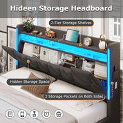 King Size Bed Frame with Marshmallow Headboard and Storage, Metal Bed Frame with LED Lights & Charging Station, Upholstered Plat