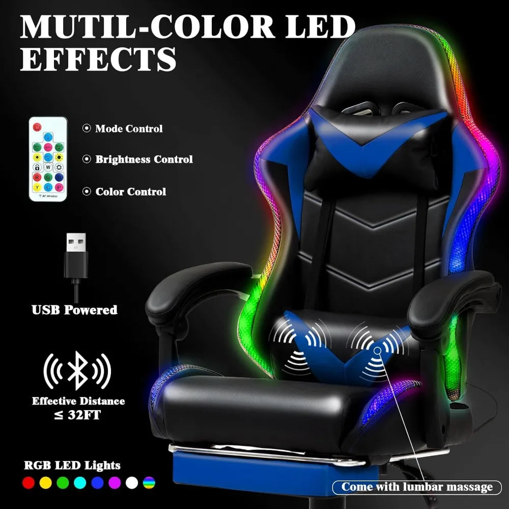 Racing Style RGB LED Lights Gaming Chairs for Adults and Kids with Lumbar Massager