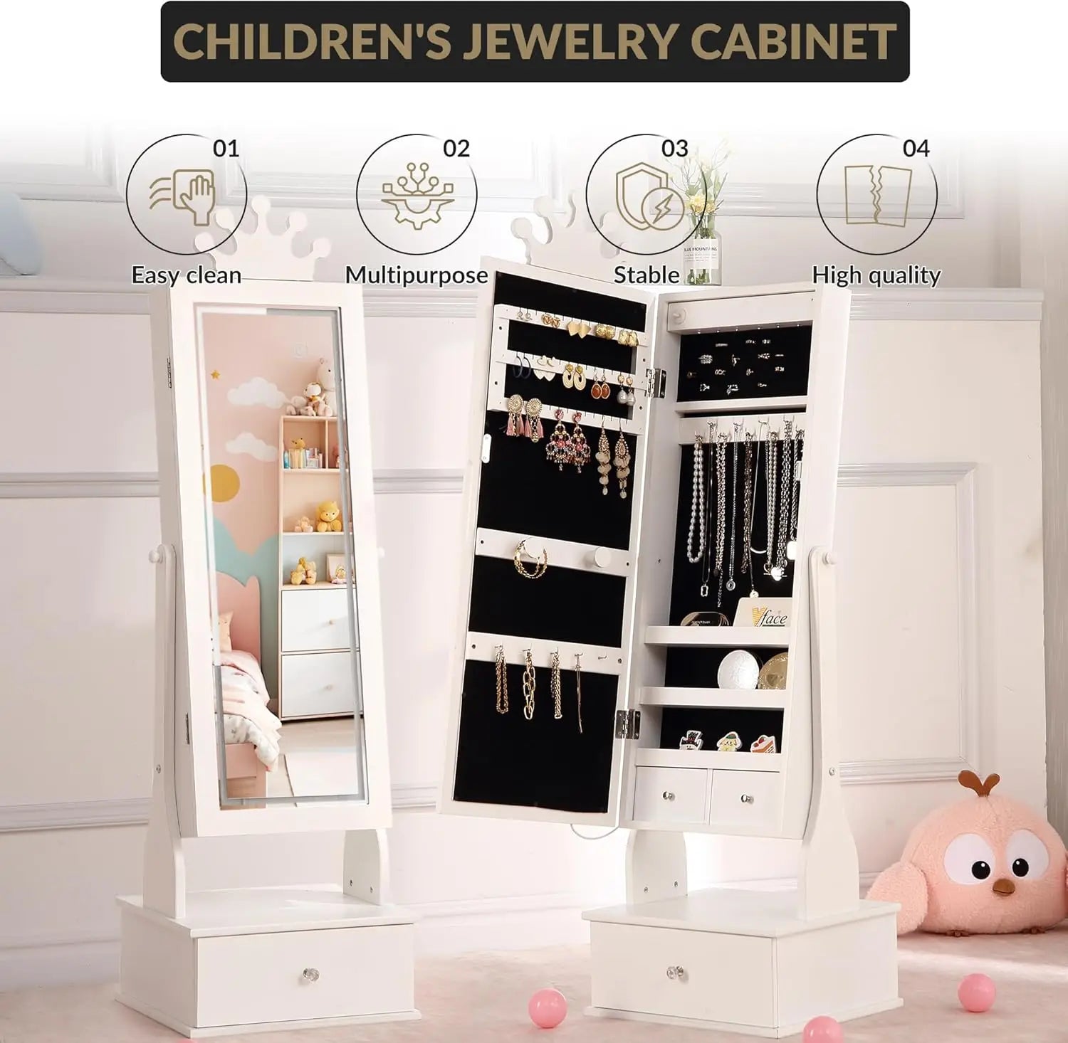 Freestanding Kids Jewelry Armoire with Full-Length Mirror, LED Light & 3 Storage Drawers