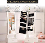 Freestanding Kids Jewelry Armoire with Full-Length Mirror, LED Light & 3 Storage Drawers