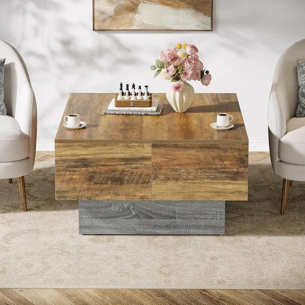 expandable farmhouse coffee table with storage for living room, suitable for small spaces