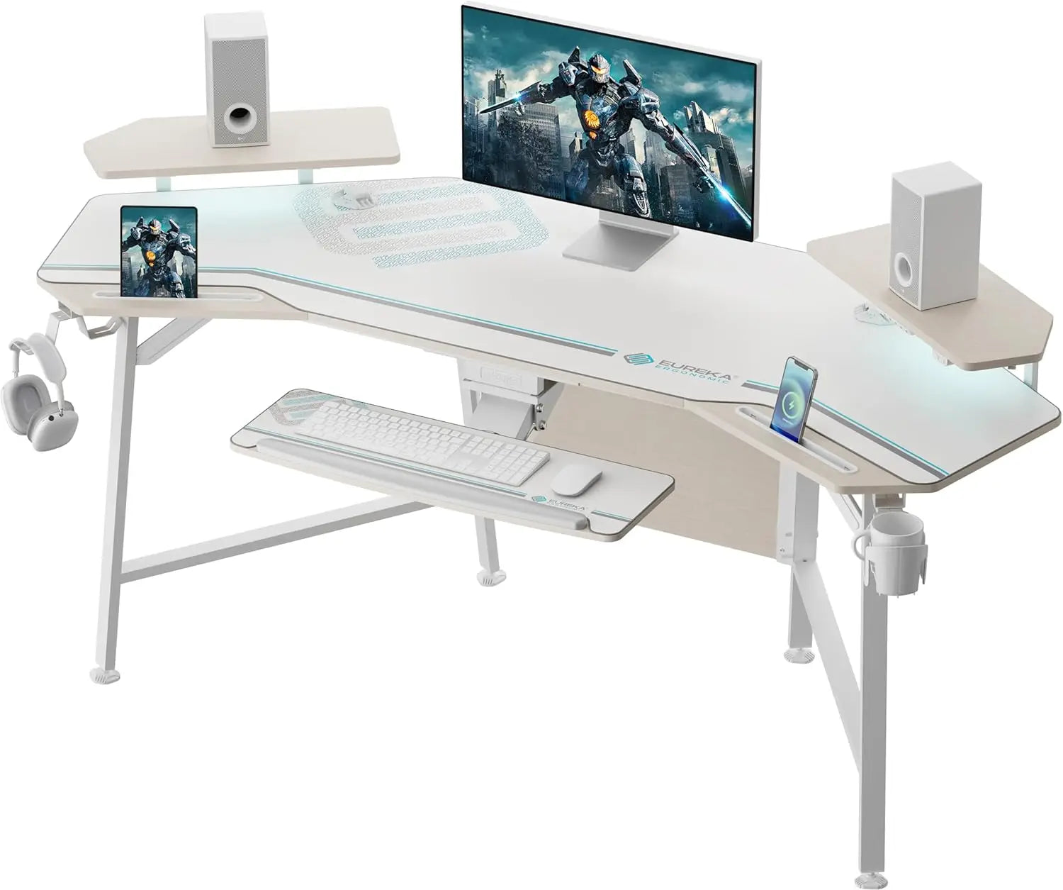 Aero Gaming Desk with Led Lights, 72" Large Wing-Shaped Studio Desk W Keyboard Tray Monitor Stand Dual Headphon