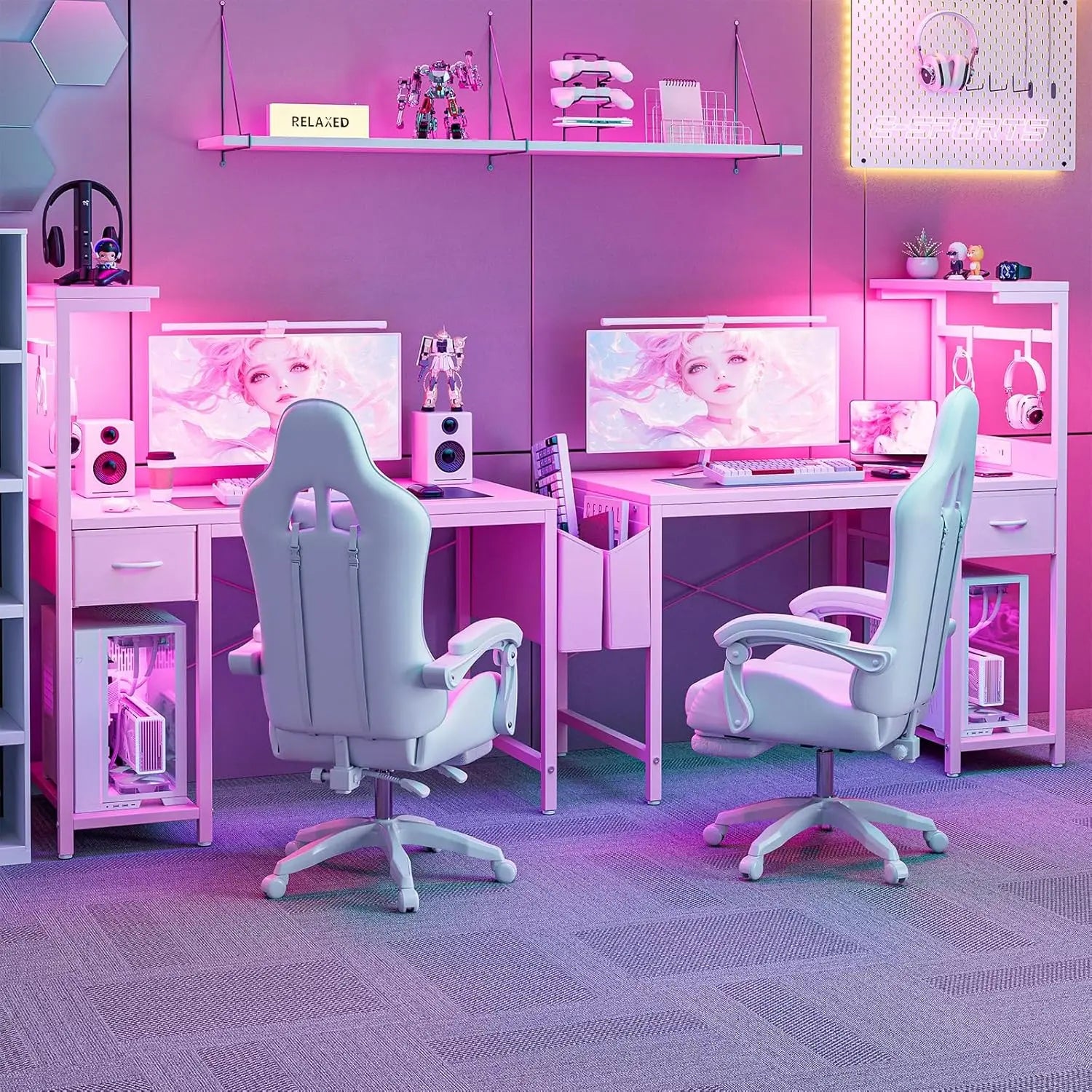 FurnishSpot™ 40” Gaming Desk with LED Lights & Power Outlet – Carbon Fiber Computer Desk with Storage Drawer for Small Spaces