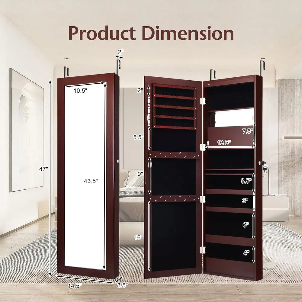 53.5" Full-Length Mirror Jewelry Cabinet with 12 LED Lights | Wall or Door Mounted Lockable Armoire