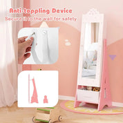 Children’s Wooden Standing Jewelry Cabinet with Full-Length Mirror & Storage Drawers – White