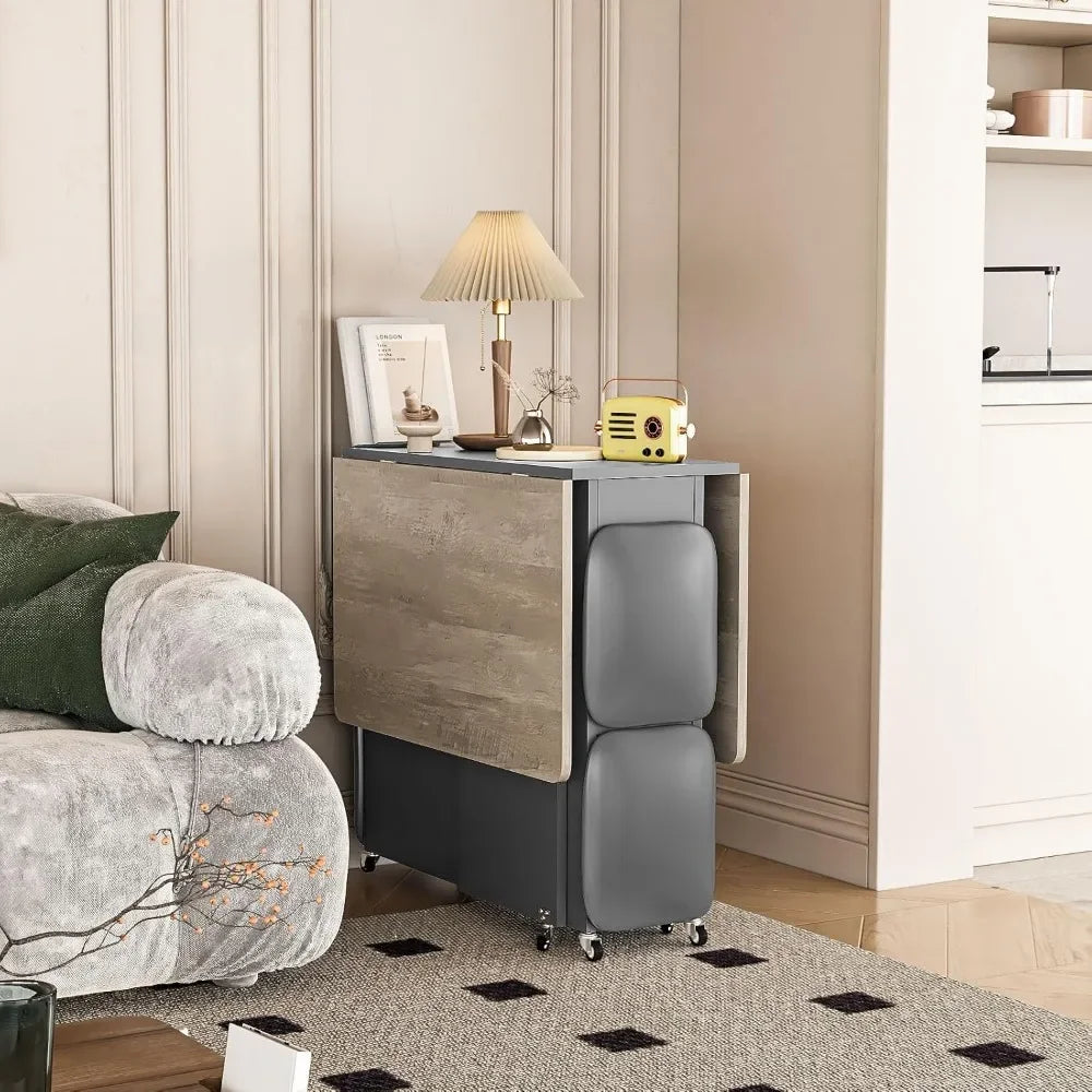 Folding Dining Table Set for 4, 4 Leather Chairs & Shelves – Foldable with 6 Wheels, Space-Saving Design