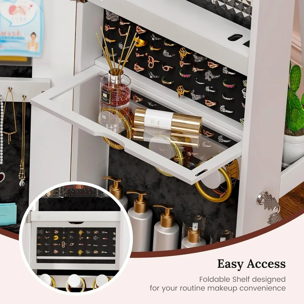 Standing LED Jewelry Armoire with Full-Length Mirror & 360° Swivel Storage Cabinet