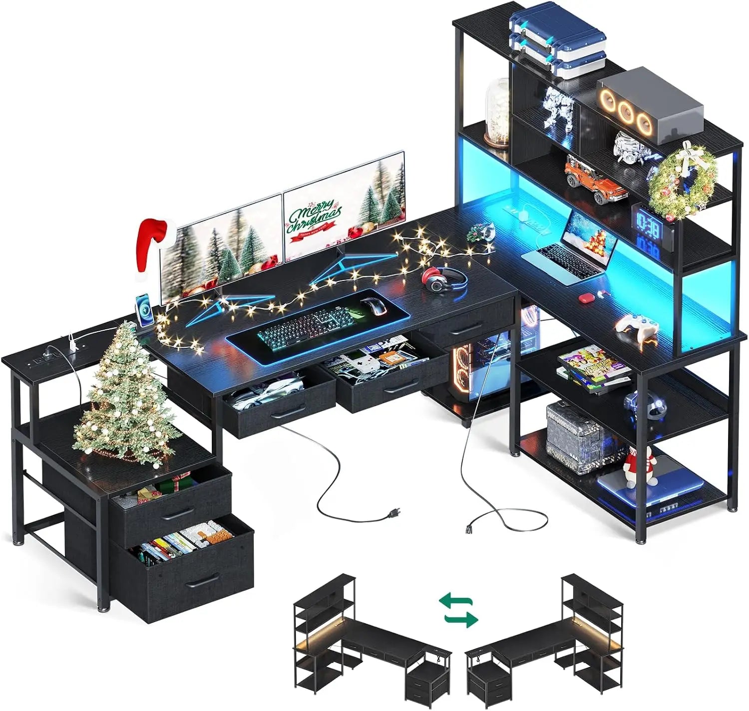 79 Inch L Shaped Desk with File Drawers, Reversible L Shaped Gaming Desk with Power Outlets & LED Lights, Computer Desk
