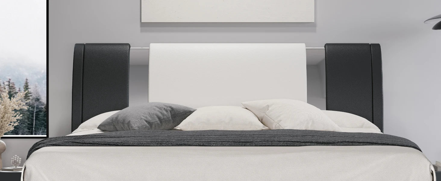 Modern Faux Leather Low Profile Platform Bed with Height-Adjustable Headboard