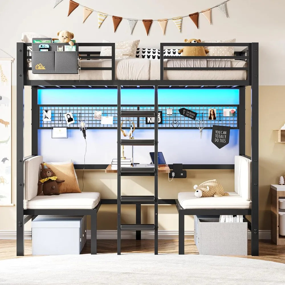 Twin Over Twin Bunk Bed with Led Lights and Charging Station Convertible Loft Bed Twin Size with Desk and Seat Metal Bunk Bed w