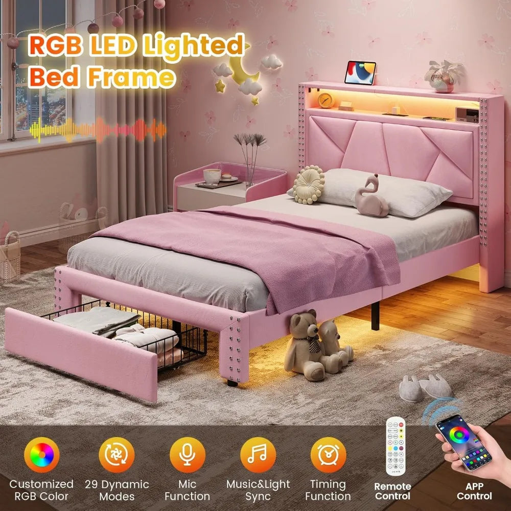 VIAGDO Pink Twin Bed Frames with LED Lights, Upholstered Platform Bed Frame Twin Size with Storage Headboard and Charging Statio