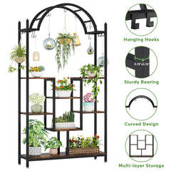 Tribesigns 5-Tier Tall Indoor Plant Stand, 74.8'' Arched Metal Flower Shelf with Hanging Hooks, Large Bonsai Pots Display Rack