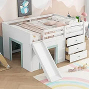 Playful Design Full Size Low Loft Bed with Slide and 3 Storage Drawers, Multiple Functions Wooden Loft Bed Frame with 2 Doors fo