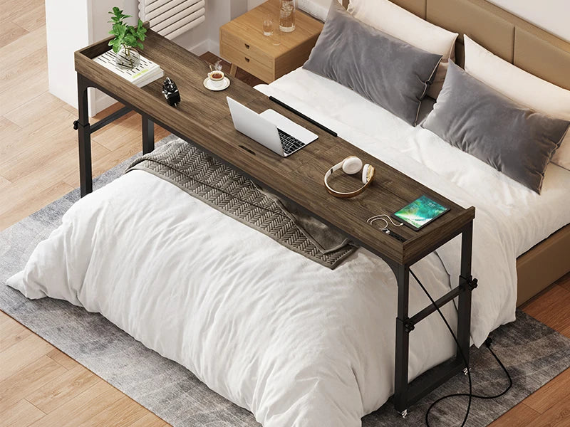 Height Adjustable Overbed Table with Wheels for Queen Size Bed