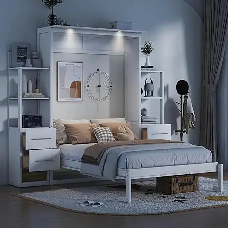 Full Murphy Bed with Storage Shelves, Drawers, LED Light, and Flexible Slats Support