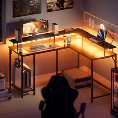 L Shaped Gaming Desk with Power Outlets & LED Lights, Computer Desk with Monitor Stand & Storage Shelf