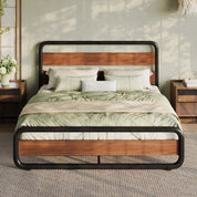 Metal Bed Frame with Curved Wooden Headboard & Footboard
