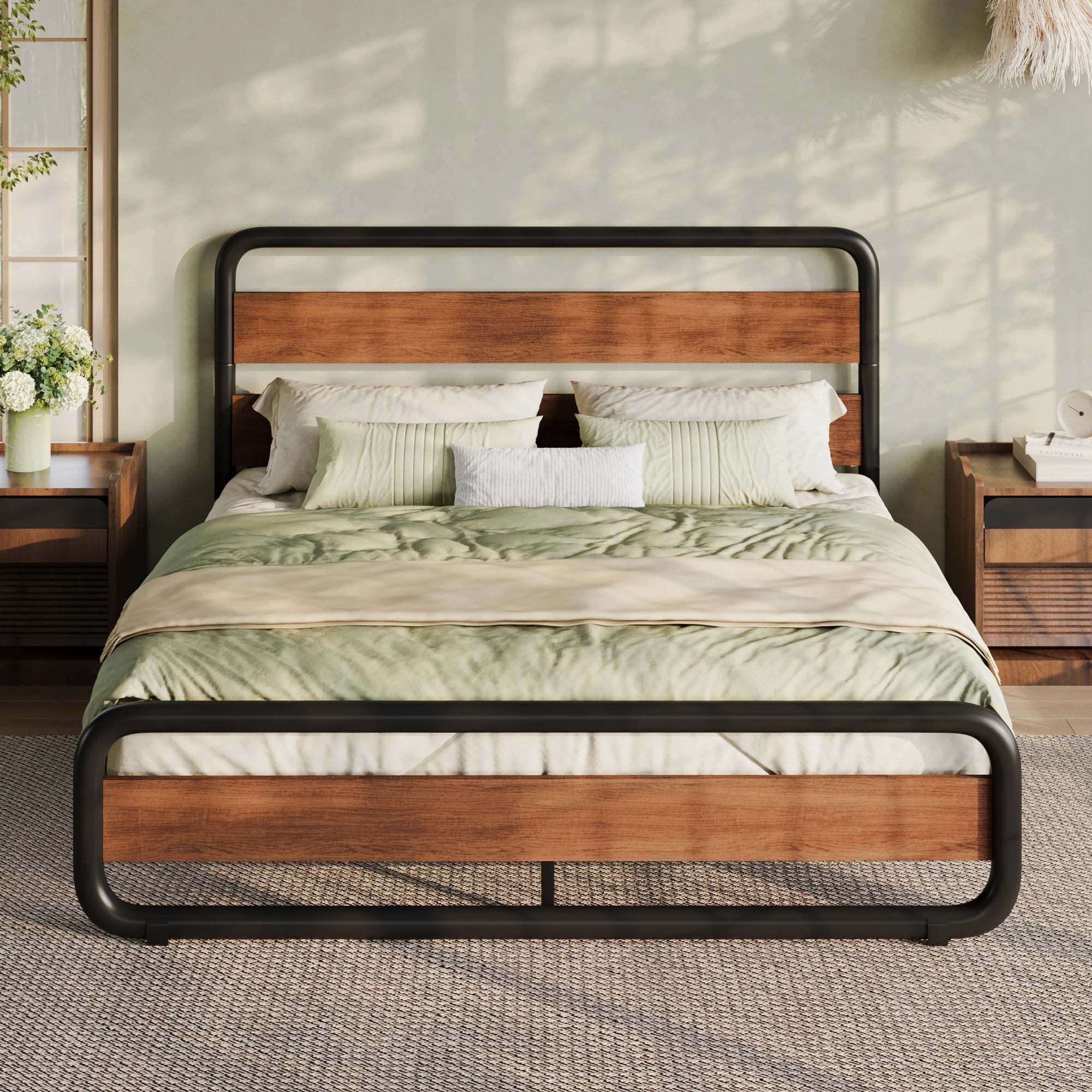 Metal Bed Frame with Curved Wooden Headboard & Footboard