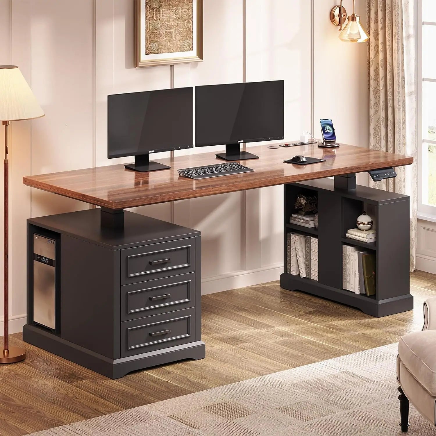 SmartHealth™ Farmhouse Electric Standing Desk – 63" Height Adjustable Computer Desk with 3 Drawers & Storage Shelves