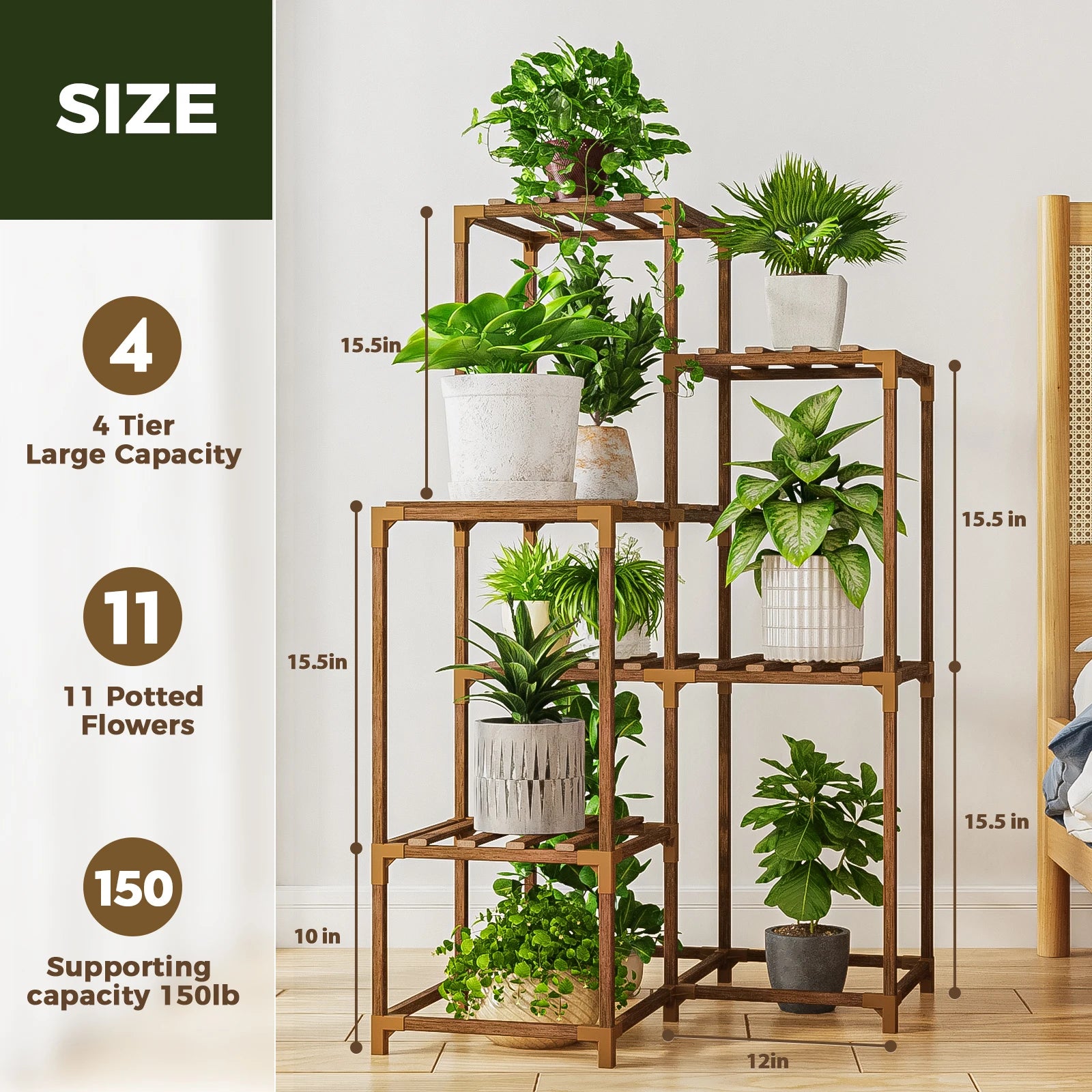 Smartspace™ 6-Tier Corner Wooden Plant Stand – Vertical Carbonized Wood Plant Shelf