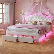 FurnishSpot Twin Size LED Upholstered Platform Bed for Girls, Adjustable Velvet Crystal Button Headboard with Storage Drawer