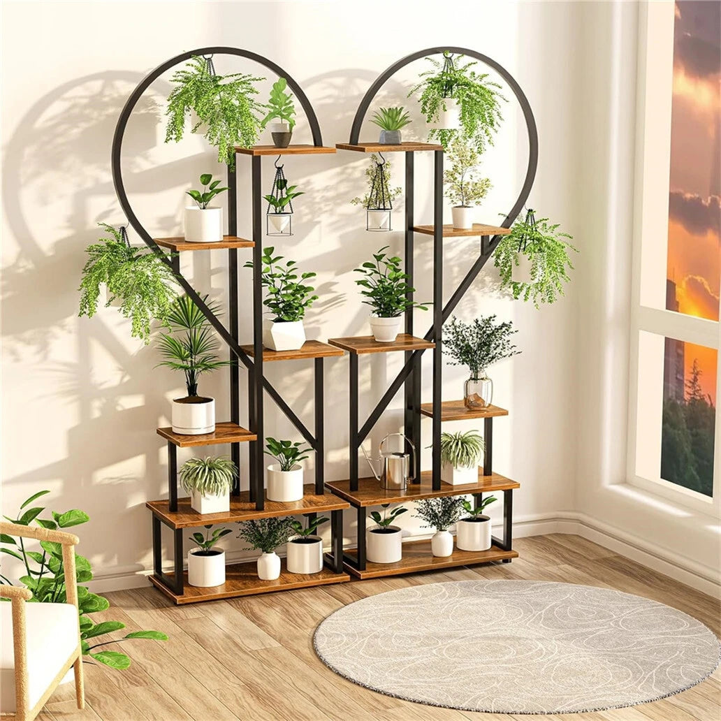2-Pack 6-Tier Half-Heart Plant Stand – Indoor & Outdoor Metal and Wood Plant Display Rack with Side Hooks for Living Room, Garden, Balcony, Office