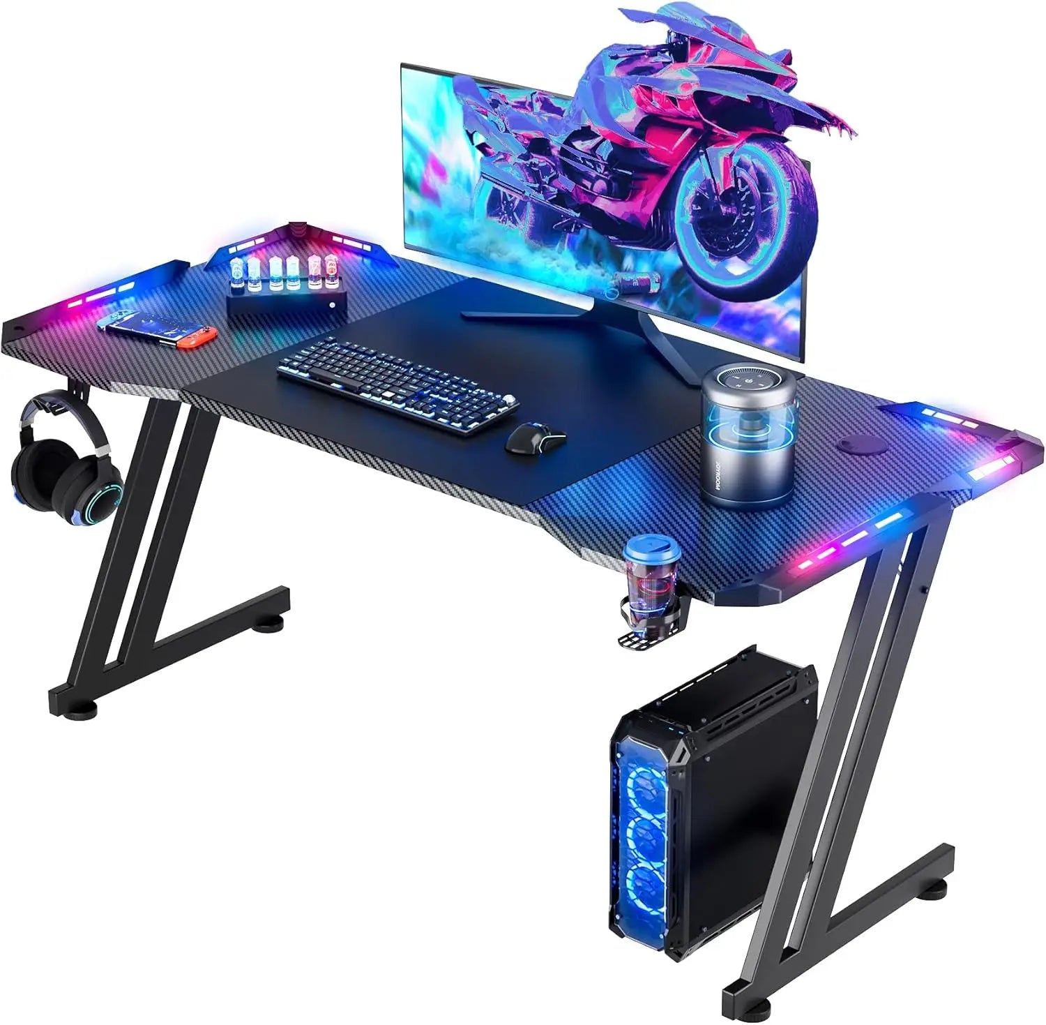Ergonomic Gaming Desk with LED Lights and Carbon Fiber Surface