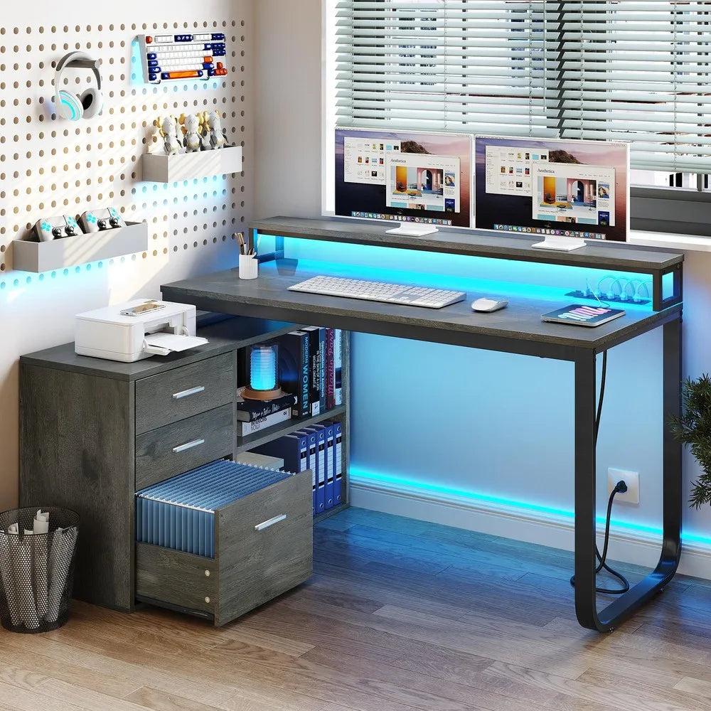 FurnishSpot Corner Computer Desk with File Cabinets | Office Desk with Power Outlets, USB & LED Lights