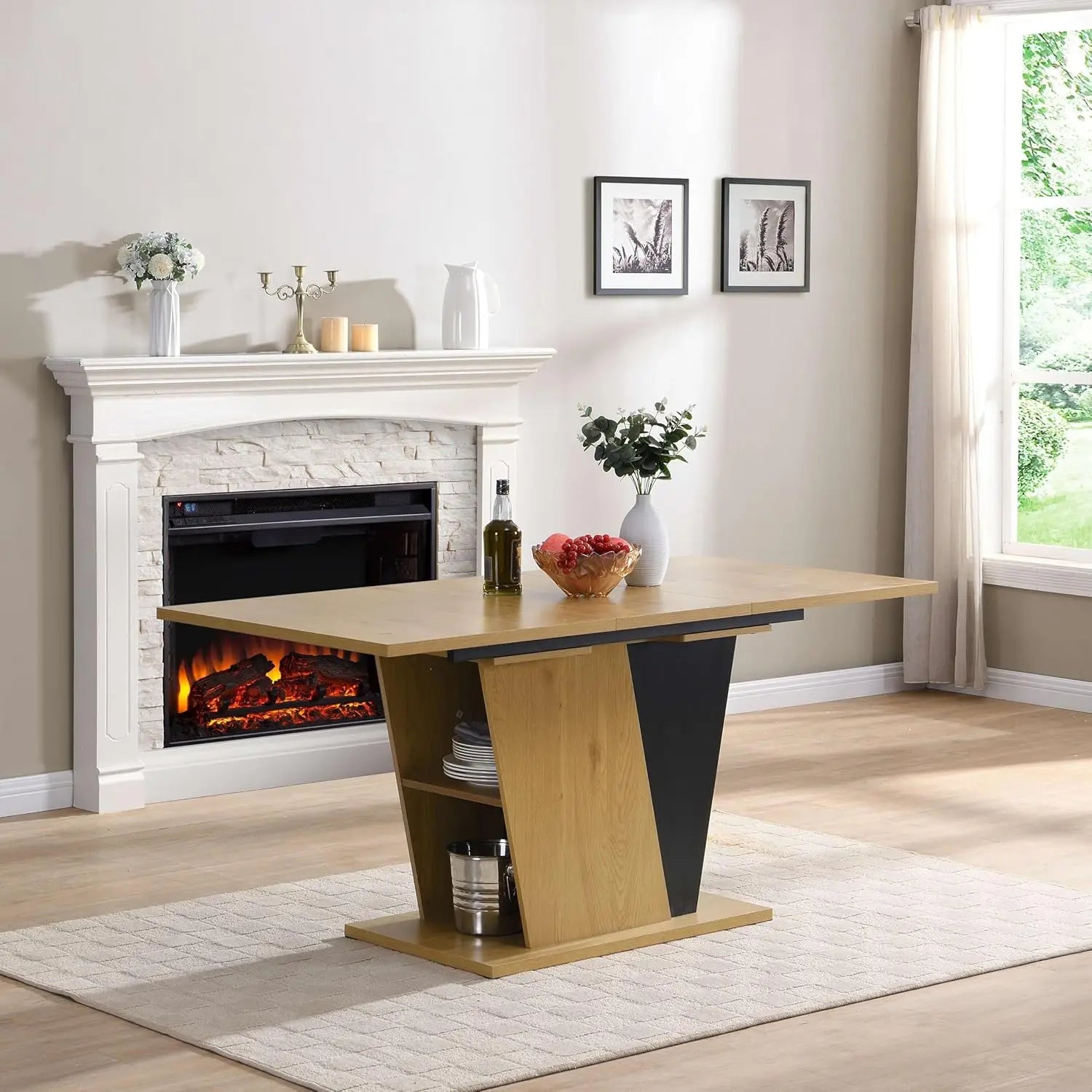 Extendable Dining Room Table for 4-6, Modern 61.81" (46.46") Wooden Geometric Rectangular Expandable Conference Kitchen Table wi