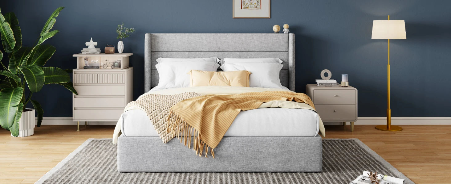Lift Up Storage Bed with Wingback Headboard and Large Underneath Storage