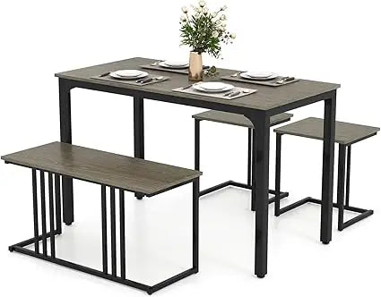 FurnishSpot® 4-Piece Modern Industrial Dining Table Set with Nesting Bench & Stools – Space-Saving & Heavy-Duty Steel Frame