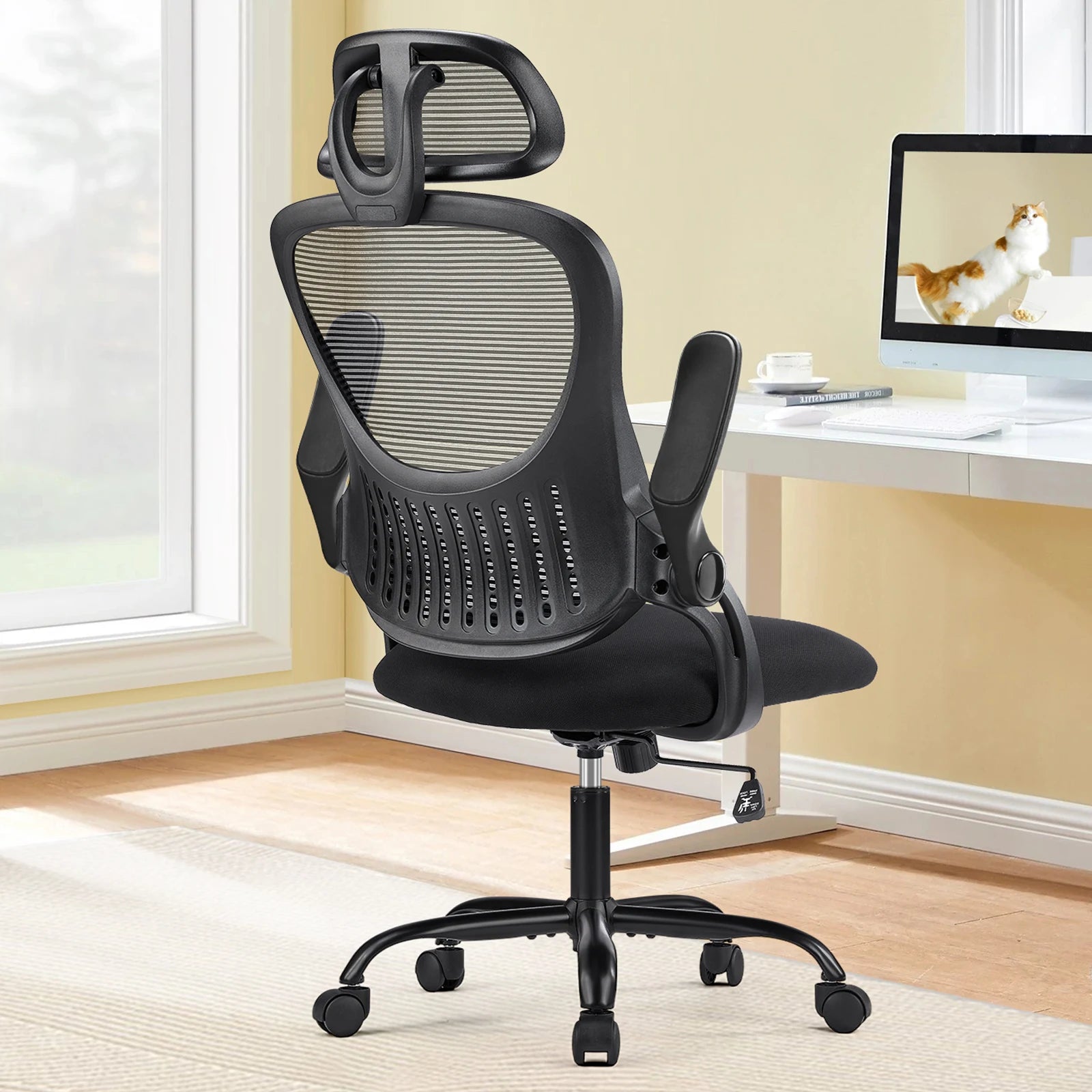 Ergonomic Adjustable Headrests, Lumbar Support Office Chair with Flip-up Arms