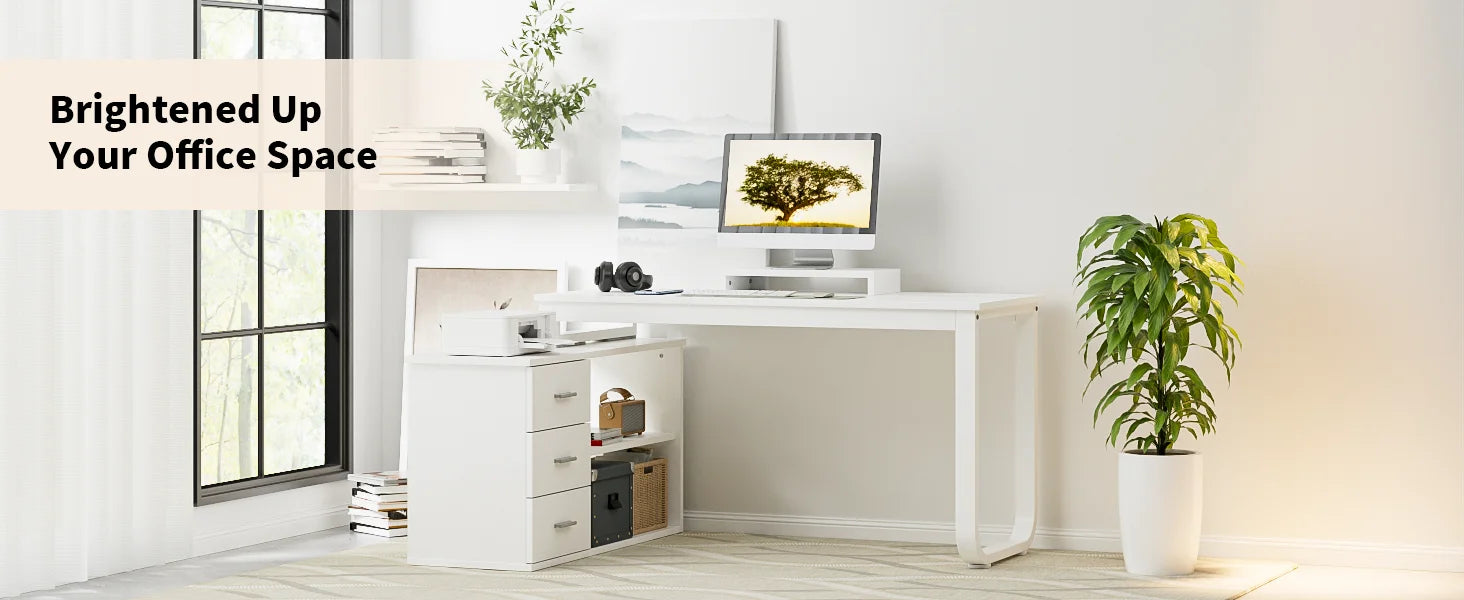 L-Shaped Desk with Drawers and Shelves, 55" Craft Desk with Storage, Removable Monitor Stand, Reversible L-Shaped Desk