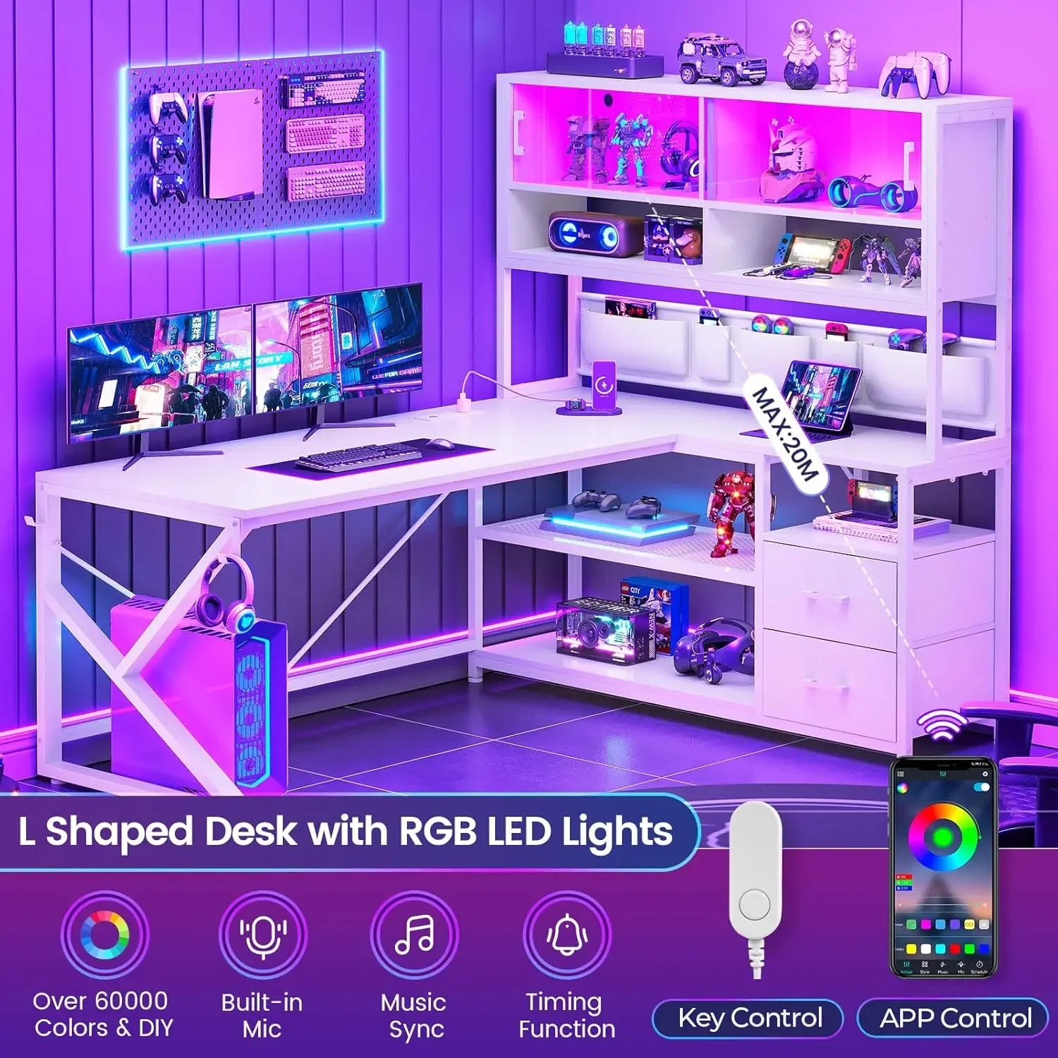 L Shaped Gaming Corner Desk with 2 Drawer and Bookshelf and LED Light