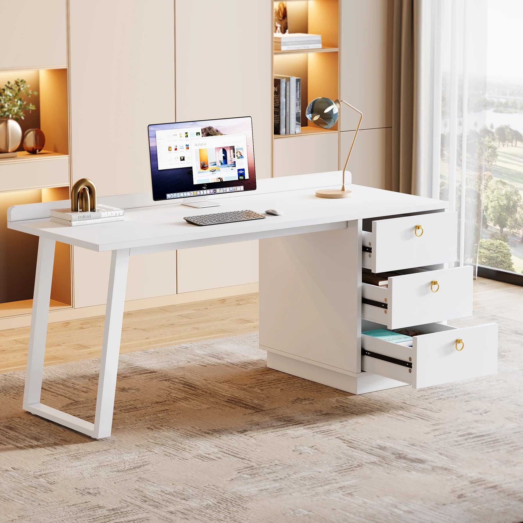 Tribesigns White Computer Desk with Drawers: 55 Inches Modern Home Office Desk with Storage, Small Wood Study Writing Work Table