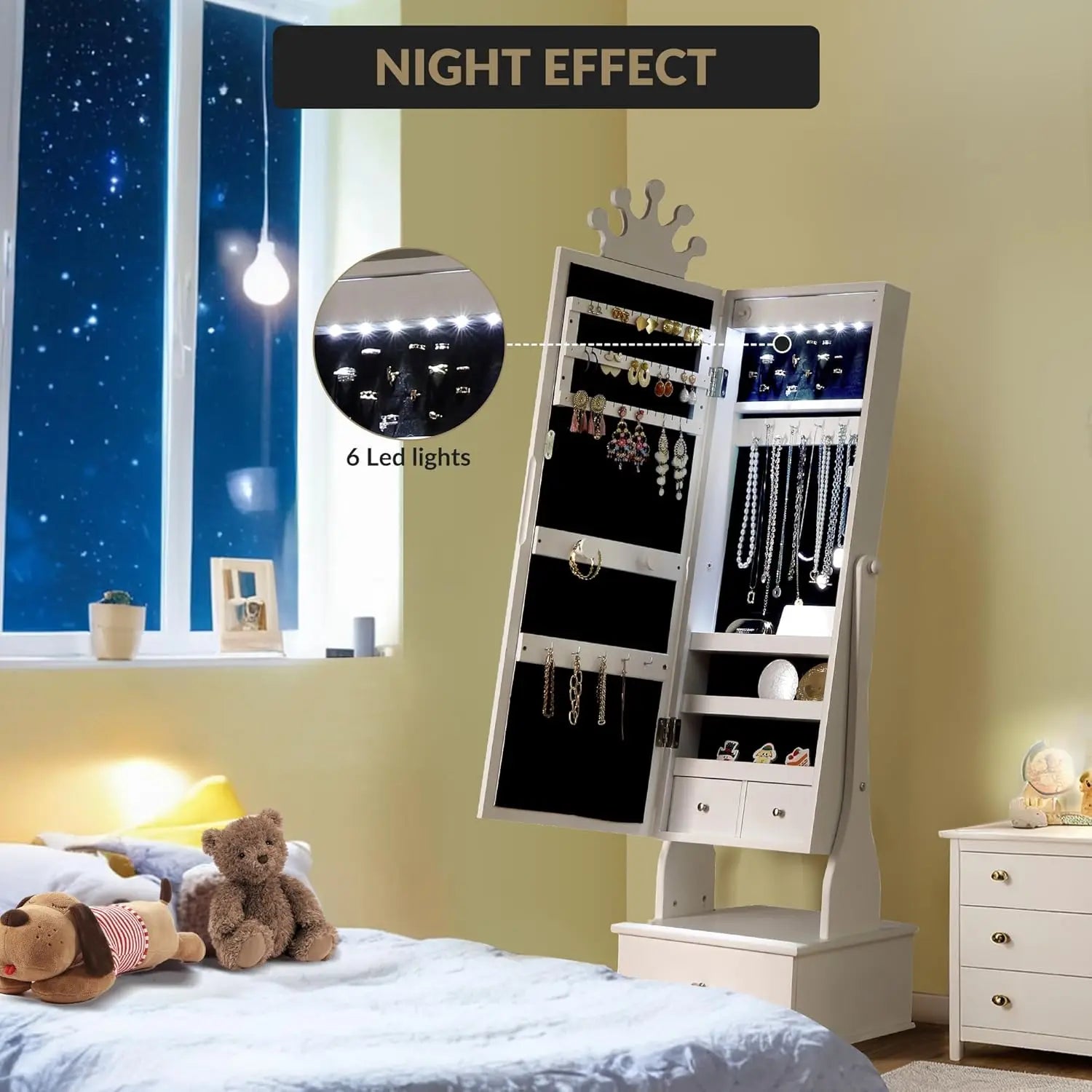 Freestanding Kids Jewelry Armoire with Full-Length Mirror, LED Light & 3 Storage Drawers