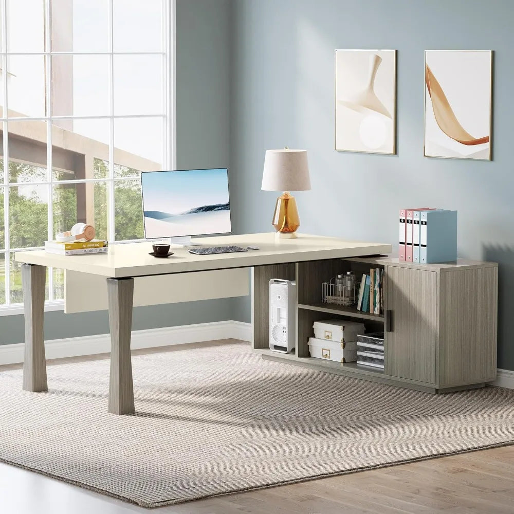 78.7-inch executive desk, large L-shaped desk with cabinets and storage shelves, family office desk, business furniture set