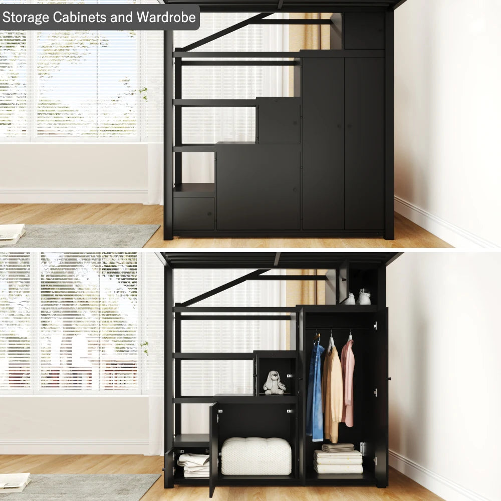 Full Size Metal Loft Bed with Storage Shelves, Cabinets and Wardrobe, Black