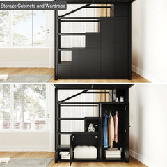 Full Size Metal Loft Bed with Storage Shelves, Cabinets and Wardrobe, Black
