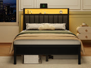 Full/Queen size bed frame with charging station, LED bed frame, headboard with frame, platform bed frame, soft cushion bed frame