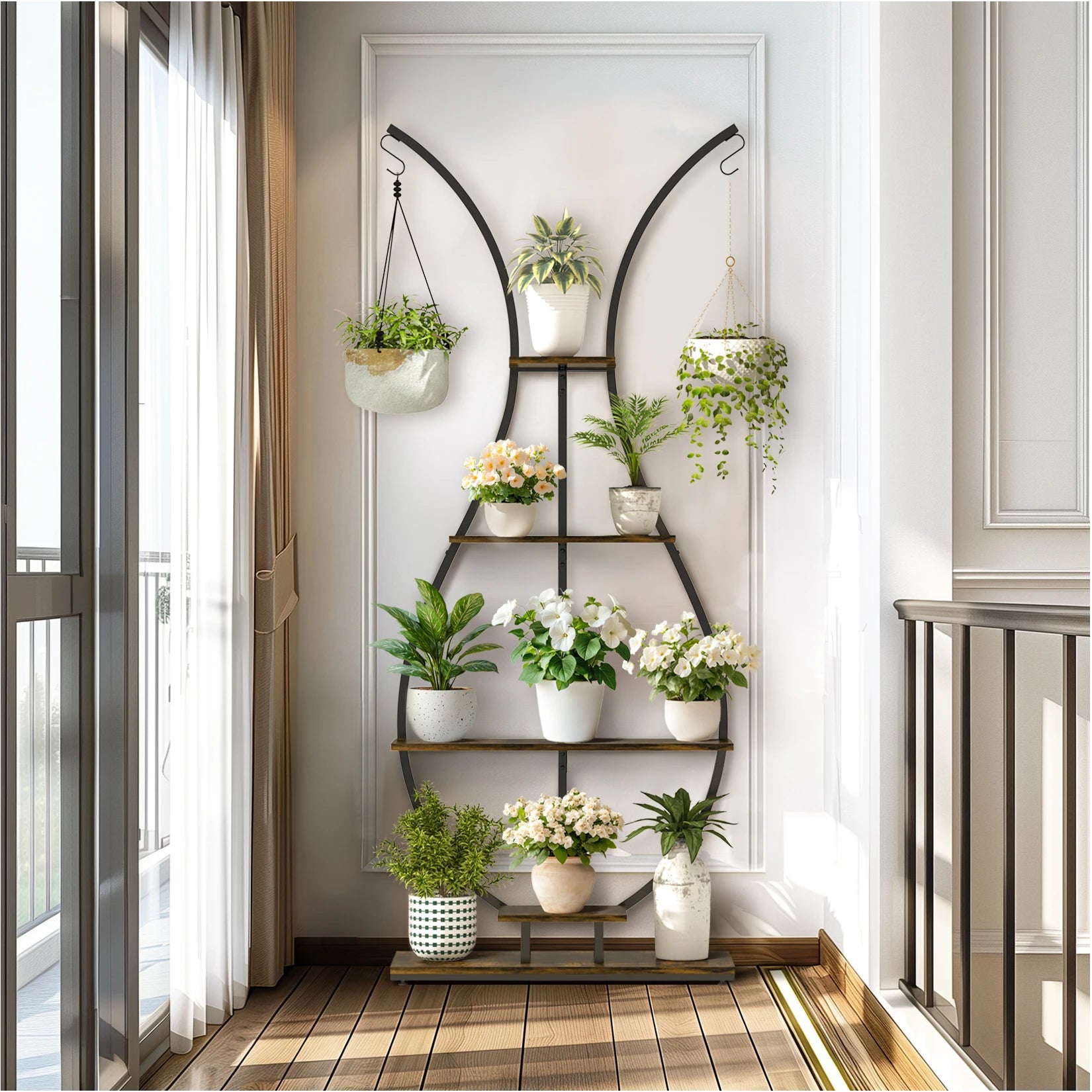 Vase Shape Tall Planter Display Rack Metal Garden Plant Stand with 5 Tiers and Hangers