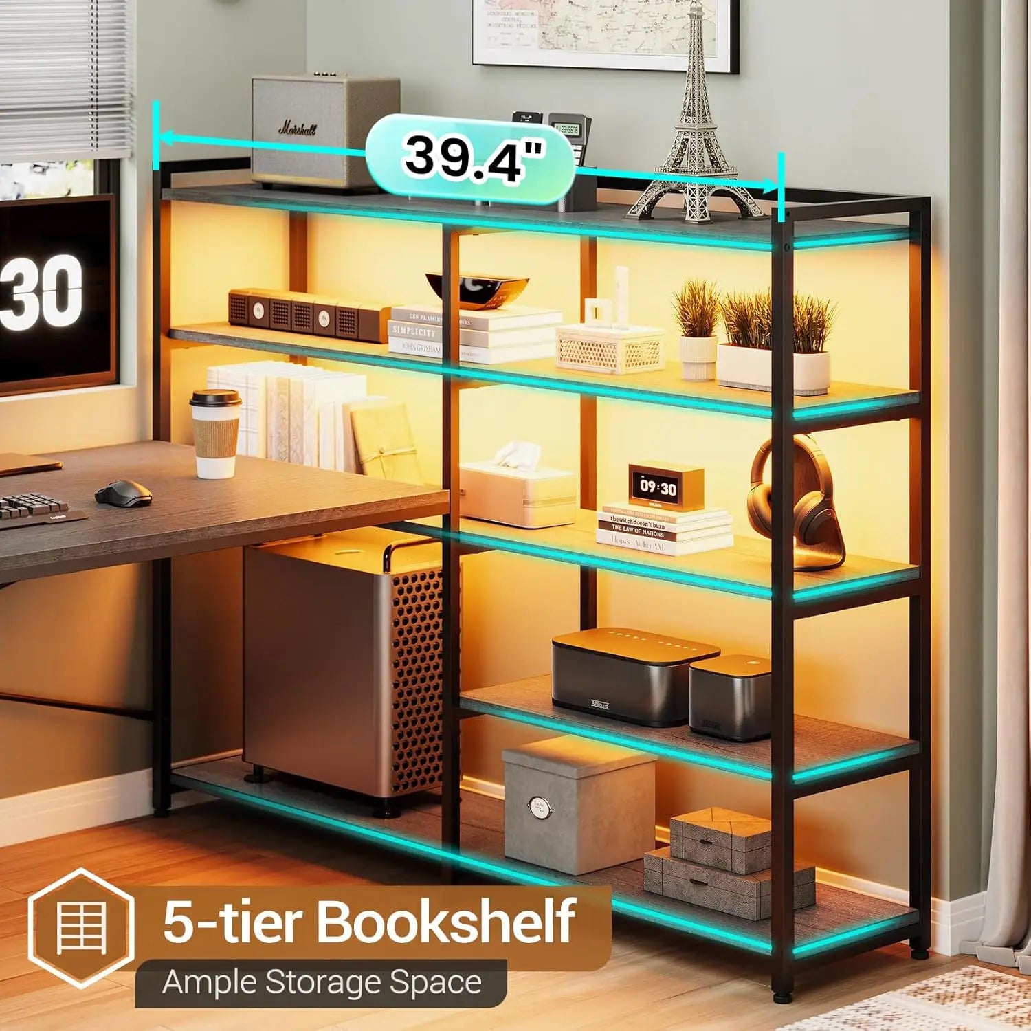 Corner Computer Desk, Reversible U Shaped Office Desk with 3 Fabric Drawers and Power Outlet, Corner Gaming Desk with LED Lights