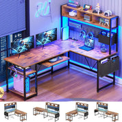 FurnishSpot L-Shaped Gaming Desk with Hutch, Charging Station & RGB LED Lights – Reversible Corner Computer Desk with Storage Shelves