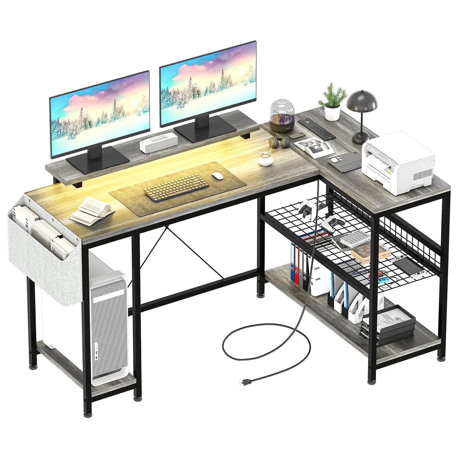 L Shaped Computer Desk Gaming Desk Writing Desk with Power Outlets & LED Light