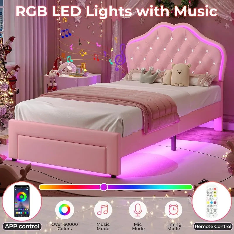 Twin Size Girl Bed with Storage Drawer,Upholstered Platform Bed,Adjustable Headboard with Velvet Crystal Button Princess BedPink
