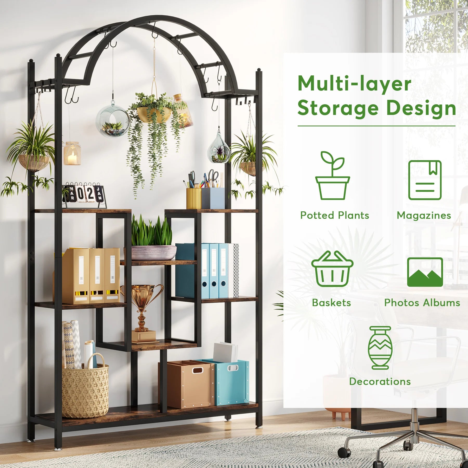 Tribesigns 5-Tier Tall Indoor Plant Stand, 74.8'' Arched Metal Flower Shelf with Hanging Hooks, Large Bonsai Pots Display Rack